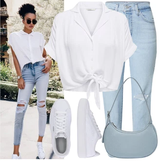 S Mašlí Outfit s Šedá/Bílá/Krémová Halenka a Tunika/Halenka Móda Pro Plnoštíhlou Only "Jarní outfit"