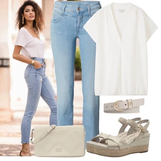 Vysoké Podpatky Outfit s Khaki/Béžová Sandál na klínku/Letní Bota/Espadrilka s klínovým podpatkem/Platform Sandal/Espadrille sandál/Espadrilka na Podpatku Tamaris "Outfit na léto"