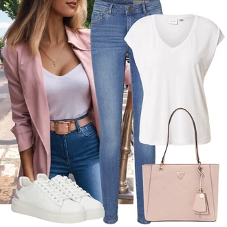 Outfit sa Bijela/Krem/Pink Obuća Tenisica s platformom/Tanka tenisica/Ljetna tenisica/Kožna tenisica/Niska Tenisica Guess "Ljetni outfiti"
