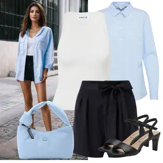 Old Money Outfit s Černá/Tmavě modrá/Modrá Košile Lněný kraťas/Papírové Šortky/Bermuda/Šortky/Pytlovitý Šortky/Mušelínové Šortky VERO MODA "Letní Outfity"Look: Lehký, Emo, Rad, Cool, Krásný, Old Money, Traditional