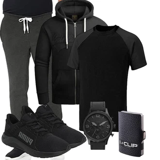 Groß Outfit mit Schwarz/Dunkelgrau KapuzenPullover/Partner Hoodie/Vintage Hoodie/Hoodie/Ausgefallener Hoodie/Strick Hoodie/Sweatjacke/Sport Hoodie/Pullover mit Reißverschluss Grin&Bear "Sport Outfits"