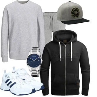 Groß Outfit mit Schwarz/Dunkelgrau KapuzenPullover/Partner Hoodie/Vintage Hoodie/Hoodie/Ausgefallener Hoodie/Strick Hoodie/Sweatjacke/Sport Hoodie/Pullover mit Reißverschluss Grin&Bear "Sport Outfits"