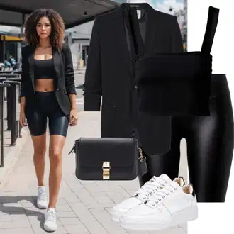 Black Outfits Estetski mit Bela/Bež/Rjava/Krem/Khaki/Zelena Usnjene superge/Superge Nizka/Ozka superga/Superge Luknjasta/Poletne superge Furla "Športna obleka s kolesarskimi hlačami in suknjičem"Look: Unisex, Transparent, Estetski, Lak, Eleganten, Priložnostne, Modna, Safari, Športno, Džungla