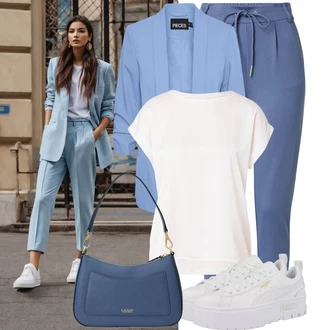 Outfit s Modrá/Světle modrá/Šedá Kalhoty s Vysokým Pasem/Navlékací Kalhoty/Sportovní kalhoty/Ležérní Kalhoty/Žerzejová Kalhoty/Jogger Kalhoty/Teplák/Mušelínové kalhoty Only "Každodenní vzhled"