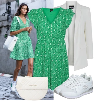 Outfit s Zelená/Neonové barvy Zavinovací Šaty/Pouzdrové Šaty/Ležérní Šaty/Halenkové Šaty/Žerzejové Šaty/Občanské šaty/Šaty Niki/Letní Šaty/Společenské šaty pro hosta/Tunikové šaty/Šaty S Potiskem VERO MODA "Módní outfit pro volný čas"