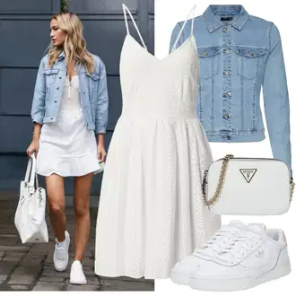 Outfit s Bílá/Krémová Šaty Niki/Skater šaty/Šaty na Konfirmaci/Šaty Na Ramínko/Šaty na tenké ramínko/Šaty Ze Síťoviny/Šaty Do Áčka/Šaty Fit & Flare/Šaty s výstřihem/Sportovní Šaty/Krajkové Šaty/Letní Šaty VERO MODA "Vzhled casual"