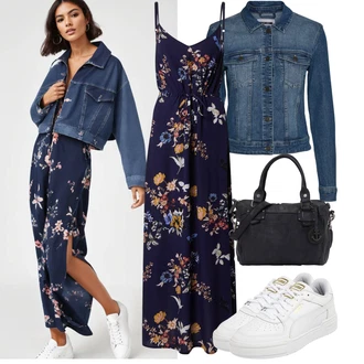 Slavnostní Outfit s Tmavě Modrá/Modrá Maxi Šaty/Dlouhé Letní Šaty/Šaty S Potiskem About You "Neutrální každodenní vzhled"Look: Rad, Emo, Elegantní, Hippie, Jazz, Mom, Old Money, Příliš oblečený, Romantický, Univerzitní, Slavnostní