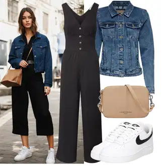 Outfit sa Crna/Tamnosiva/Siva Plisirani kombinezon/Kombinezon širokih nogavica/Ljetni kombinezon/Kombinezon s halterima/Elegantni kombinezon About You "Proljetni outfit"