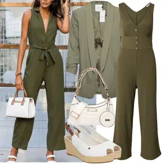Outfit sa Tamnozelena/Kaki Ljetni kombinezon/Elegantni kombinezon/Kombinezon širokih nogavica/Kombinezon s patentnim zatvaračem/Plisirani kombinezon/Vjenčanje kombinezon/Zimski kombinezon About You "Opušteni izgled"