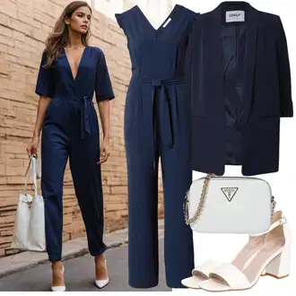 Outfit s Tmavě modrá/Modrá Slavnostní overall/Overal se širokými nohavicemi/Letní overall/Svatební kombinéza/Elegantní overal About You "Vkusný outfit"