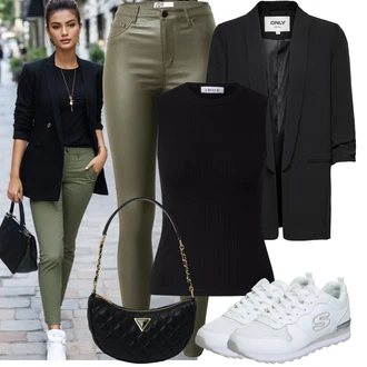 Kůže Outfit s Tmavě zelená/Khaki Kožená bunda/Motorkářské Džíny/High Waist Džínové Kalhoty/Džíny s Rozparkem/Termální Džíny JdY "Stylová letní nálada"