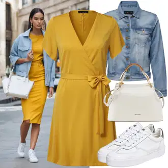 Velike velikosti outfit mit Zelena/Modra/Krem/Rjava/Svetlo modra/Temno modra/Pastelne barve/Bela Kratka Denim Jakna/Denim Jakna levi's "Svež slog z rumeno obleko za poroko in jakne"