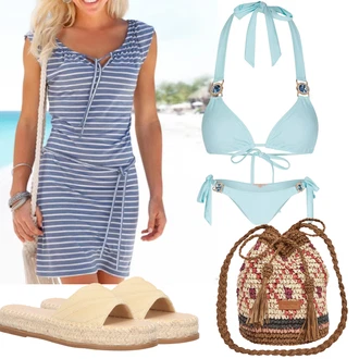 Outfit sa Tirkizna/Svjetloplava Donji dio bikinija/Mikro bikini/Omotati bikini/Bikini hlača/Balconette Bikini/Tanga bikini/Bikinji hotpant/String bikini/Cut out bikini/Bikini set Gornji Dijel Bikinija S Trakom/Bikinji s volanima moda minx "Outfit za ljeto"