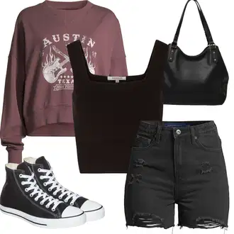 Venkovní Outfit s Tmavě červená/Vínová/Fialová/Lilové barvy Sportovní mikina/Vintage mikina/Fleecová Mikina/Kožená bunda aÉropostale "Outfit na léto"Look: Venkovní, Skater, Univerzitní, Western, Sportovní