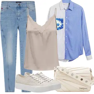 Krásný Outfit s Světle modrá/Modrá Pánské tričko/Formální Košile/Boyfriend Džínové kalhoty/Navlékací džíny/Capri Džíny/Kožená Pánská Bund/Zužující se Džíny/Dámské Džíny s Délkou 7/8/Girlfriend Džíny/Zkrácené Džíny Desigual "Outfit na dovolenou"Look: 90tá léta, Krásný, Cool, Ležérní, Nadrozměrné