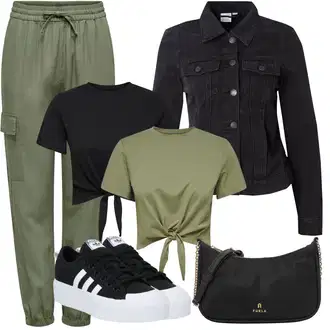 Outfit s Khaki/Tmavě zelená Zkrácený Top/Krátký top/Košilový set/Zavinovací Tričko Only "Outfit na dovolenou"