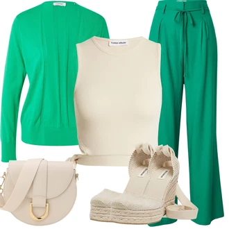Outfit sa Tamnozelena/Zeleno/Tirkizna Hlače od muslina/Hlače Visokog Struka/Hlača za Plažu/Paperbag Hlača/Tradicionalna Hlača/Široka Hlača/Palazzo Hlača/Marlene Hlača studio select "Outfit za odmor"
