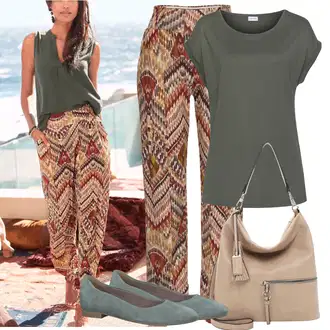 Outfit sa Smeđa/Žuta/Bež/Crvena Štofaste hlača/Hlača s Perjem/Hlača s Uzorkom/Tradicionalna Hlača/Hlača od Tvida Lascana "Outfit za odmor"