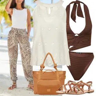 Outfit sa Smeđa/Ljubičasta/Bež Hlača s Perjem/Hlača s Uzorkom/Naborane hlače/Baggy Hlače/Štofaste hlača/Hlača za Plažu Lascana "Outfit za odmor"