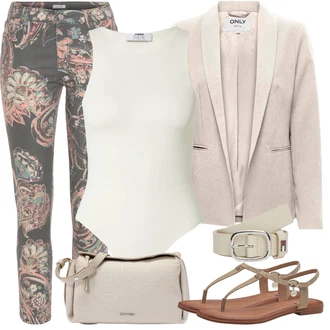 Outfit s Růžová/Šedá/Hnědá/Fialová/Béžová Kožená bunda/Zkrácené Džíny/Dámské Džíny s Délkou 7/8/Capri Džíny/Kotníková Bota/Termální Džíny Lascana "Letní vzhled pro módní ženy"