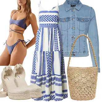 sviatočné Outfit sa Bijela/Plava Maksi Haljina/Duga Ljetna Haljina/Boho Ljetna Haljina/Haljina za Plažu/Haljina S Printom VERO MODA "Outfit za odmor"Look: Rap, Talijanski, Boho, Španjolske, Pomorski, sviatočné