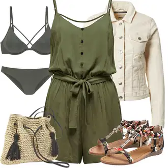 Outfit s Tmavě zelená Balconette-bikini/Provázkové bikini/Micro Bikini/Women's Lingerie & Swimwear/Trojúhelníkové Bikiny/Bikinové plavky s vycpávkami/S Kosticemi/Bikiny s průstřihem/Kožené bundy pro muže/Push-up bikini Bruno Banani "Outfit na léto"