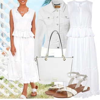 Elegantní Outfit s Bílá/Krémová Šaty S Kosticí/Šaty v Délce do Lýtka/Plážové Šaty/Šaty Niki/Mušelínové šaty/Šaty na Konfirmaci/Dlouhé Letní Šaty/Šaty Bez Rukávů/Šaty s výstřihem/Bavlněné Šaty Lascana "Outfit na léto"Look: Příliš oblečený, Babydoll, S průsvitem, Elegantní, Boho, Extravagantní