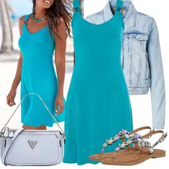 Outfit s Tyrkysový Žerzejové Šaty/Šaty s výstřihem/Šaty S Rovným Střihem/Mullet šaty/Šaty Do Áčka/Plážové Šaty/Šaty Bez Rukávů/Sportovní Šaty/Pouzdrové Šaty/Jednobarevné/Šaty na tenké ramínko Lascana "Outfit na léto"