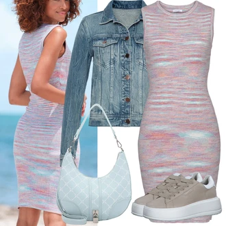 Výstřih na ramena Outfit s Růžová Šaty Bez Rukávů/Přiléhavé Šaty/Mini Šaty/Žerzejové Šaty/Pletené Šaty/Úzké šaty Buffalo "Outfit na léto"