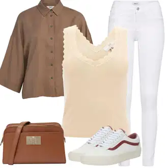 Moderní Outfit s Bílá/Hnědá/Černá Džín s Širokou Nohavicí/Dámské Džíny s Délkou 7/8/Zvonové Džíny/Zkrácené Džíny/Formální Košile/Džíny Culottes/Plisované Džíny Only "Letní vzhled pro módní ženy"Look: Styl, Cool, Francouzské, Italský, Námořní, Moderní, Mom, Krásný, Španělské, Western, Old Money, 70tá léta