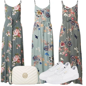 Slavnostní Outfit s Modrá/Světle Modrá/Tyrkysový/Světle zelená Dlouhé Letní Šaty/Šaty S Potiskem/Maxi Šaty/Boho Letní Šaty/Plážové Šaty About You "Outfit na léto"Look: Rad, Emo, Boho, Hippie, Mom, Příliš oblečený, Romantický, Univerzitní, Slavnostní