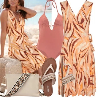 Ke kolenům Outfit s Oranžová/Hnědá/Červená/Růžová Zavinovací Šaty/Společenské šaty pro hosta/Letní Šaty Lascana "Outfit na léto"