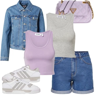 Nadrozměrné Outfit s Modrá/Tmavě modrá/Světle modrá Košile Džínový Šortky Only "Outfit na léto"Look: 90tá léta, Klasické, Cool, Nadrozměrné, Vintage