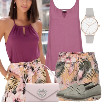 Tropski Outfit sa Pink/Bež Kratke hlače velike veličine Lascana "Outfit za odmor"
