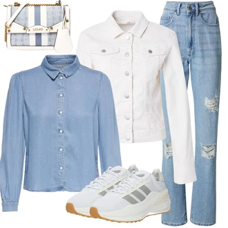 Outfit sa Krem/Bijela Traper Jakna/Gajtana Jakna/Uniformna Jakna/Vojnička Jakna/Jakna košulja/Ljetna jakna/Proljetna jakna/Bluza-jakna Vila "Outfit za ljeto"