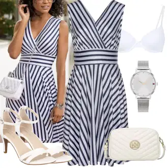 A line Outfit sa Bijela/Tamnoplava Haljina Veći Broj Lascana "Outfit za odmor"