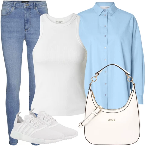 Kombinace Světle modrá/Modrá Žehlení odolná blůza/Jednobarevná Halenka/Businessová Halenka/Slip-on Halenka/Halenka s Dlouhým Rukávem/Oversize Halenka/Blůza s knoflíčkem/Halenka se Stojatým Límcem SELECTED FEMME kombinovat s Bílá/Krémová/Šedá Tílko s ořezem/Jednoduchý top/Halenka Bez Rukávů/Tričko s grafikou/Top bez ramínek about you x marie von behrens