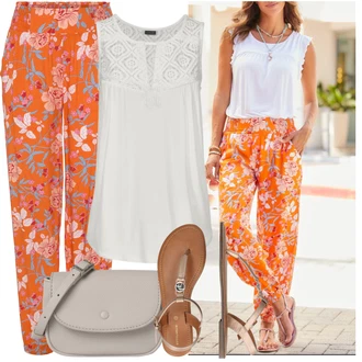 Outfit s Oranžová/Červená Kalhoty s Potiskem/Plážová Kalhoty/Domácí Kalhoty/Mušelínové kalhoty/Pyžamová Kalhoty/Mrkvová Kalhoty Lascana "Outfit na léto"