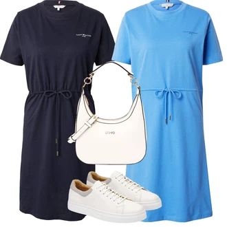 Výstřih na ramena Posilování Outfit s Tmavě modrá/Modrá Žerzejové Šaty/Šaty s Páskem/Pouzdrové Šaty/Tričkové šaty/Tunikové šaty Tommy Hilfiger "Outfit na léto"Look: Posilování, Běhání