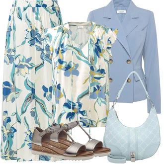 Elegantan Outfit sa Plava/Bijela/Tamnoplava Bluza s Printom/Bluza s Mašnom/Izvanredna Bluza/Bluza Kratkih Rukava/Carmen Bluza/Razigrana Bluza/Bluza s Leptir Mašnom/Bluza Vrh/Bluza s Uzorkom Lascana "Outfit za odmor"Look: Stil, Boja, Vintage, Romantičan, Elegantan, Prekrasan, 20-ih godina, Mom