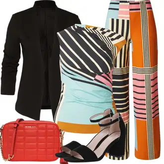 Moderní Outfit s Vícebarevný/Žlutá/Oranžová Zvonová Kalhoty/Široká Kalhoty/Palazzo Kalhoty/Plážová Kalhoty/Marlene Kalhoty/Kalhoty se Štěrbinou/Kalhoty s Potiskem/Tradiční Kalhoty/Látková Kalhoty max&co. "Letní vzhled pro módní ženy"Look: Emo, Blokování barev, 80tá léta, 90tá léta, Jazz, Moderní, Retro