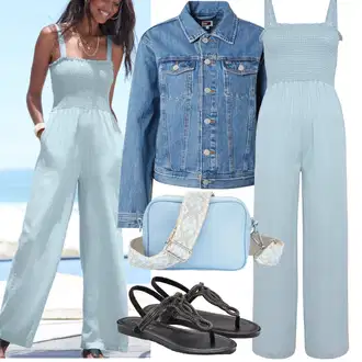 Outfit sa Svjetloplava/Plava Ljetni kombinezon/Vjenčanje kombinezon/Kombinezon s halterima/Kombinezon širokih nogavica S.Oliver "Outfit za odmor"
