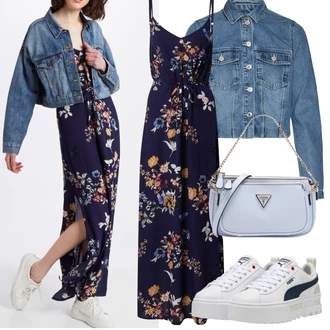 Slavnostní Outfit s Tmavě Modrá/Modrá Maxi Šaty/Dlouhé Letní Šaty/Šaty S Potiskem About You "Outfit na léto"Look: Rad, Emo, Elegantní, Hippie, Jazz, Mom, Old Money, Příliš oblečený, Romantický, Univerzitní, Slavnostní