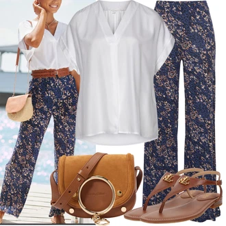 S flitry Outfit s Modrá/Tmavě modrá Kalhoty s Potiskem/Mušelínové Kalhoty/Plážová Kalhoty/Široká Kalhoty/Látková Kalhoty/Domácí Kalhoty/Palazzo Kalhoty VIVANCE "Letní vzhled pro módní ženy"