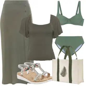 Outfit sa Tamnozelena/Kaki/Smeđa Crash bluza/Bodija Bluze/Bluza Kratkih Rukava/Kožna jakna za muškarce/Carmen Bluza/Bluza Vrh/Bluza s Puf Rukavom Buffalo "Outfit za odmor"