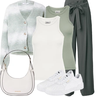 Djeveruša Outfit sa Tamnozelena/Zeleno/Kaki Hlače od muslina/Široka Hlača/Hlače S Naborom/Hlače Visokog Struka/Paperbag Hlača/Hlače s prednjim naborom About You "Outfit za odmor"