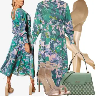Outfity pro léto s Modrá/Zelená/Tmavě zelená Košilové šaty/Šaty Niki/Společenské šaty pro hosta/Midi Šaty/Šaty S Potiskem/Šaty s dlouhým rukávem/Halenkové Šaty Chi Chi London "Outfit na léto"