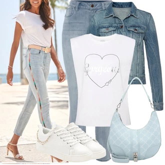 50. Let Outfit s Světle modrá/Modrá Kožená bunda/High Waist Džínové Kalhoty/Džíny s Rozparkem/Capri Džíny/Kožené Boty/Kotníková Bota/Navlékací džíny/Slim Fit Džíny/Zkrácené Džíny/Dámské Džíny s Délkou 7/8/Push up Džín Lascana "Outfit na léto"Look: Emo, 50. Let, 90tá léta, Klasické, Cool, Krásný, Old Money, Vintage