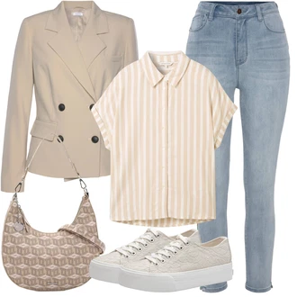 Nadrozměrné, Vintage Outfit s Světle modrá/Modrá Kožená bunda/High Waist Džínové Kalhoty/Džíny s Rozparkem/Capri Džíny/Kožené Boty/Kotníková Bota/Navlékací džíny/Slim Fit Džíny/Zkrácené Džíny/Dámské Džíny s Délkou 7/8/Push up Džín Lascana "Outfit na léto"Look: Emo, 50. Let, 90tá léta, Klasické, Cool, Krásný, Old Money, Vintage