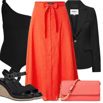 Outfit s Červená/Oranžová Midi Sukně/Vázací Sukně/50tého Léta Sukně/Sukně do Délky Lýtka/80tého Léta Sukně/Moderní Sukně/60tého Léta Sukně King Louie "Outfit na léto"